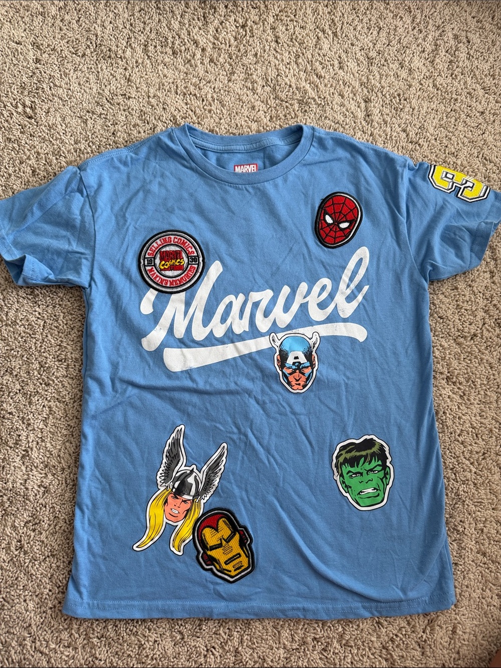 NWOT Marvel Light Blue Short Sleeve Tee with Character Patches size large 10/12